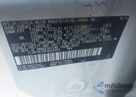 2015 Toyota Rav4 Xle из США, поврежденный, VIN 2T3RFREV8FW255403